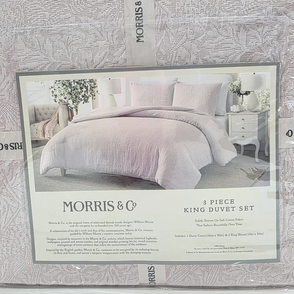 New William Morris & Co Pink Birds Cotton Textured KING Duvet & Shams Set